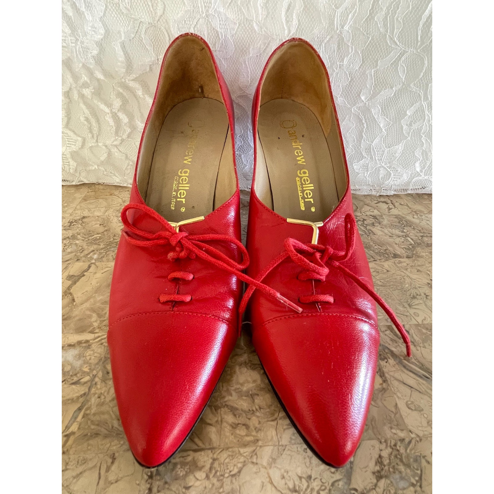 Vintage Andrew Geller Red Leather Lace Bootie Pointy Shoes Sz 6
